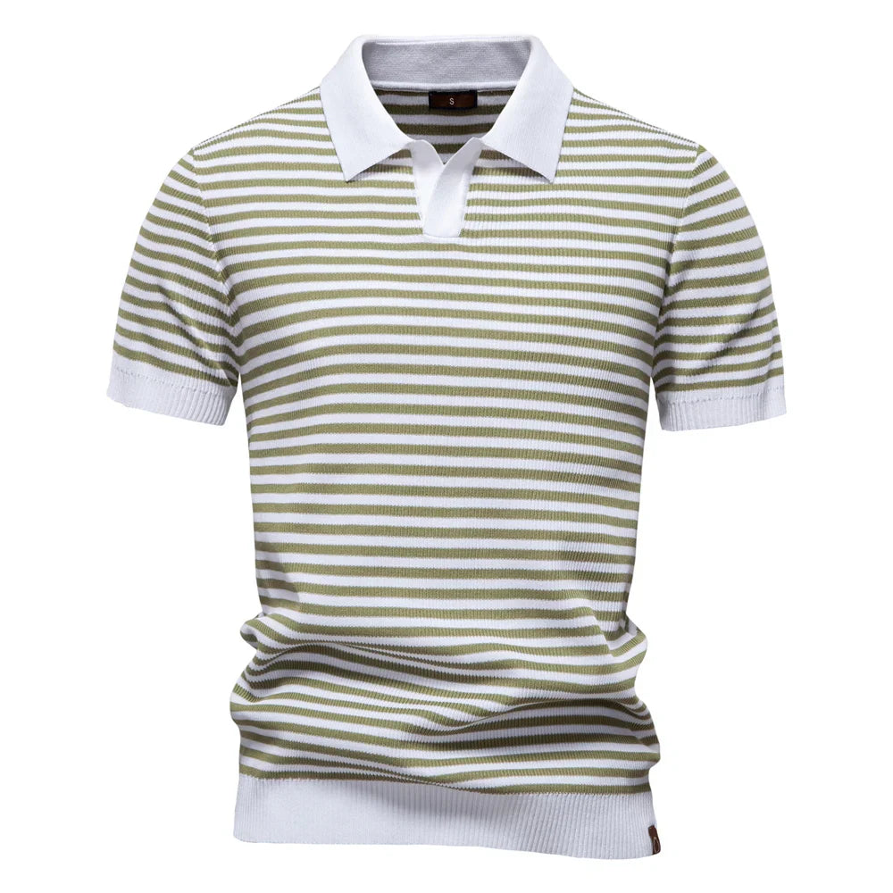 Men's Short Sleeve Striped Polo Shirt with Contrast Knit Design