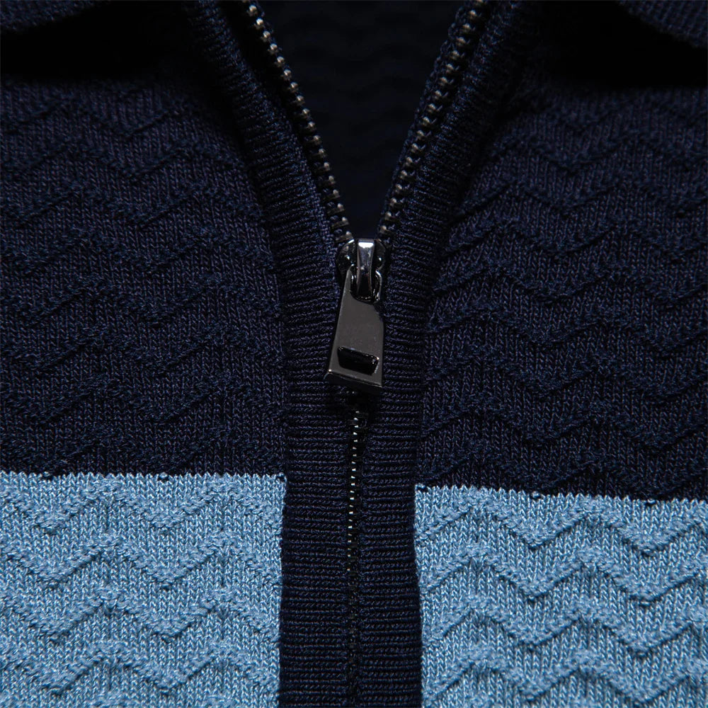 Men's Short-Sleeve Knit Polo Shirt with Striped Chest and Zip Neck