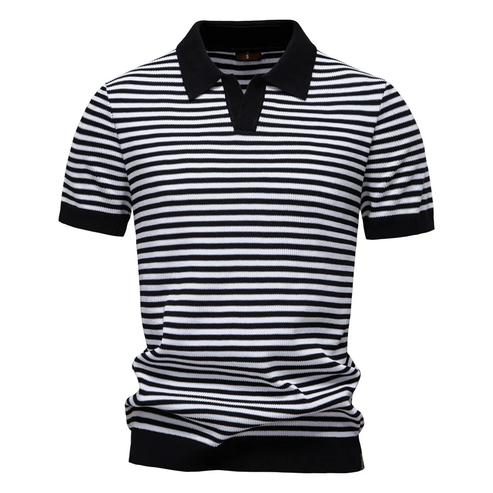 Men's Short Sleeve Striped Polo Shirt with Contrast Knit Design