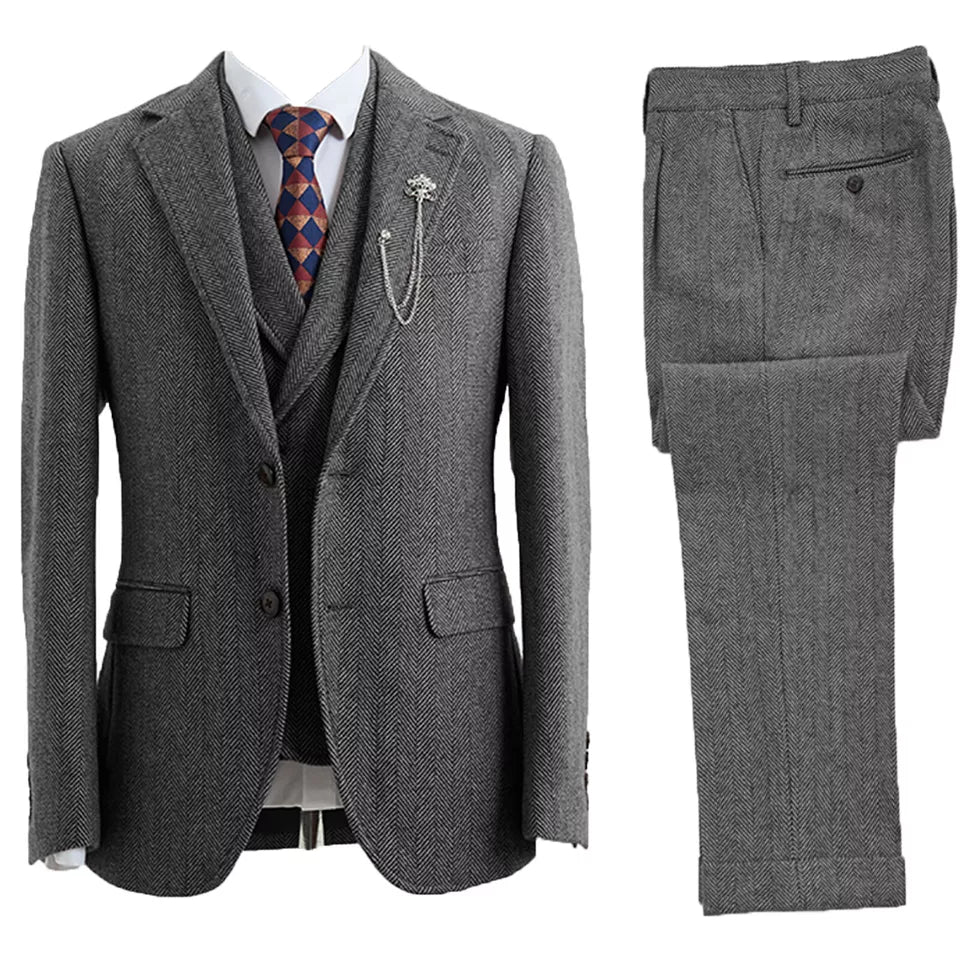 Men's Formal Tweed Three Piece Suit Set with Blazer Vest Trousers